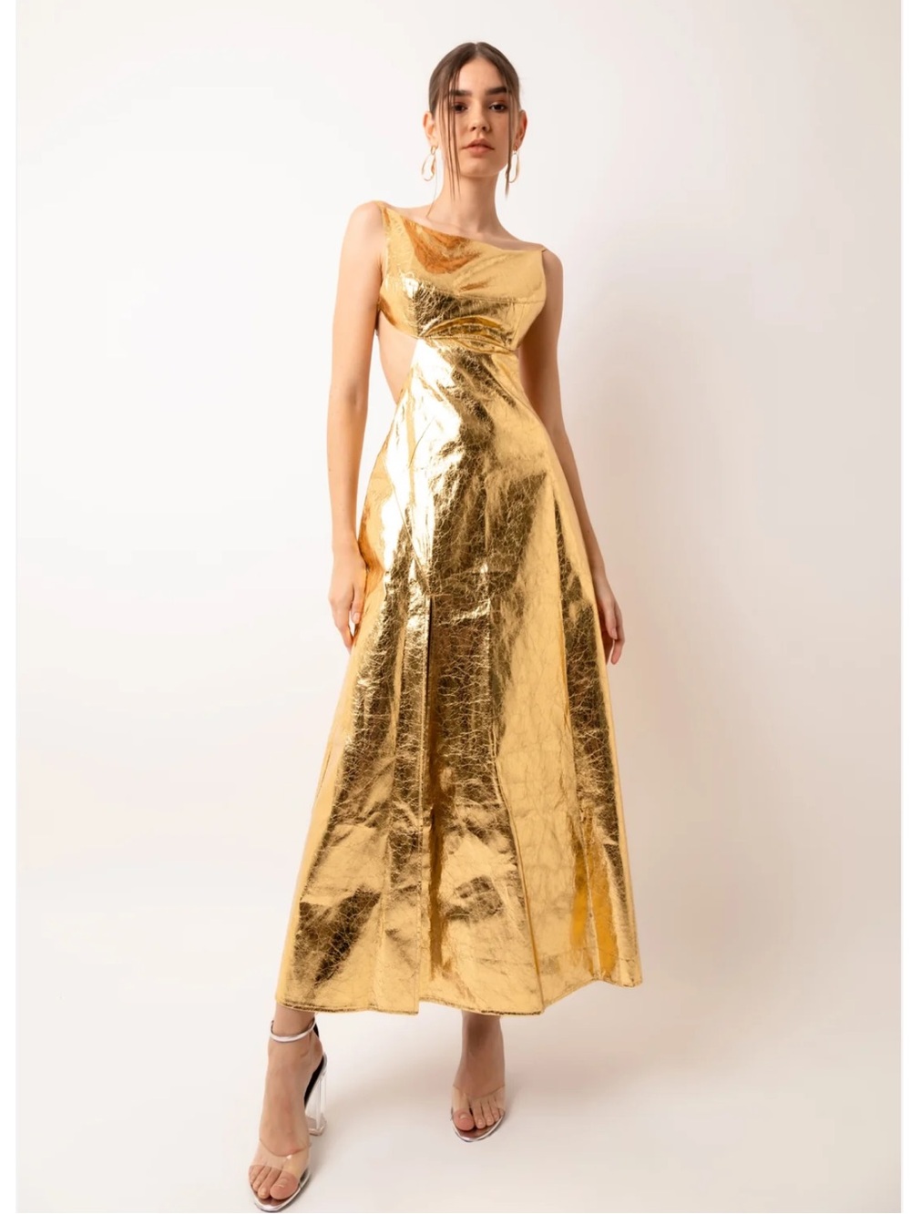 AMYLYNN NWT Gold Metallic Midi Dress with Cutout Back Sz XS